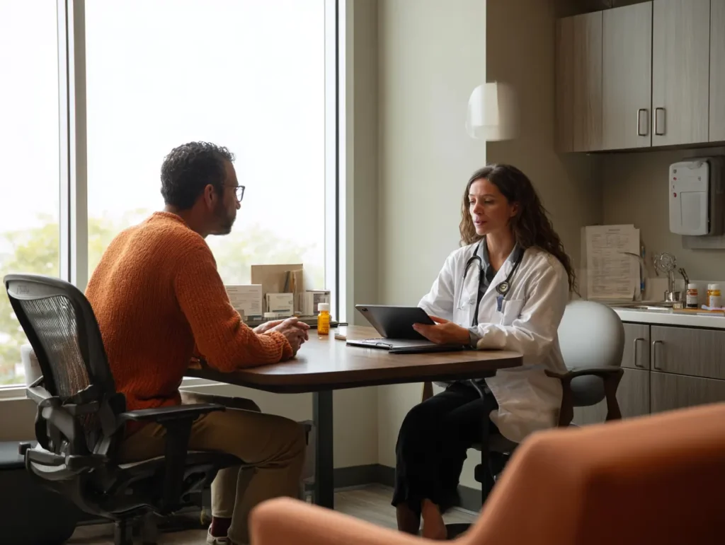 Doctor consulting with a patient about medication-assisted treatment plans in a private clinical setting