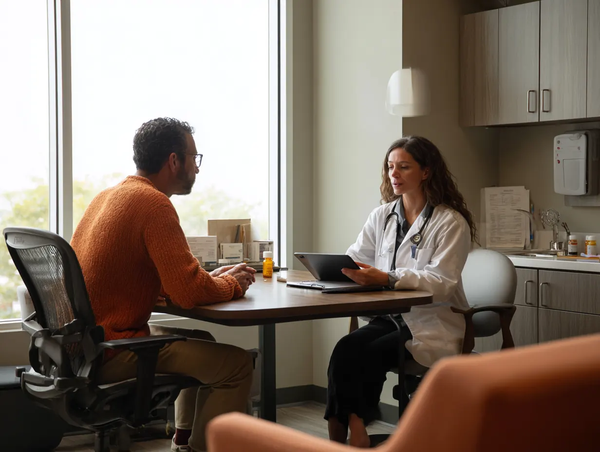 Doctor consulting with a patient about medication-assisted treatment plans in a private clinical setting