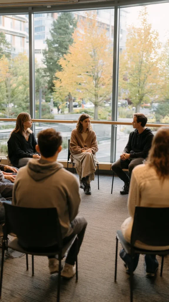 A group sits in a circle of chairs by a large window for a therapy session, a core part of heroin addiction treatment in Missouri.