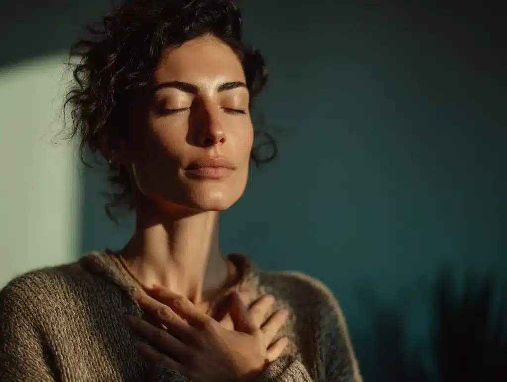 Person practicing mindful breathing with hands on chest in warm light, symbolizing integrated dual diagnosis recovery and relapse prevention.