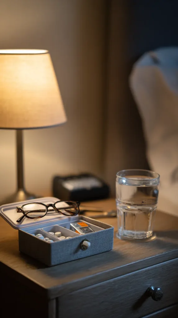 A neat bedside table features a medication organizer and water to support Prescription Drug Addiction Treatment in Marshall, Missouri.