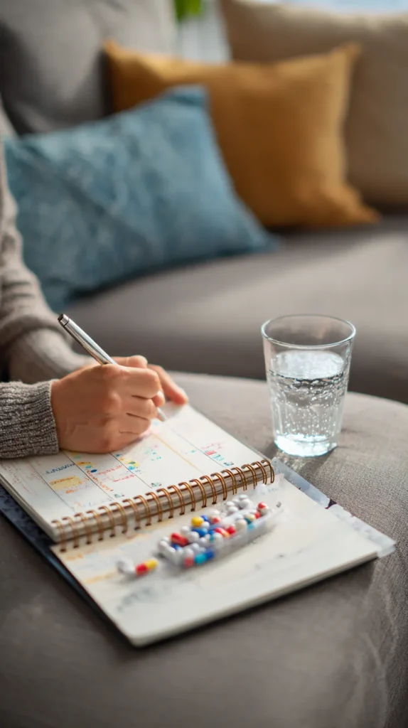 A person tracks their schedule in a journal next to a pill organizer and water glass during medical detox.