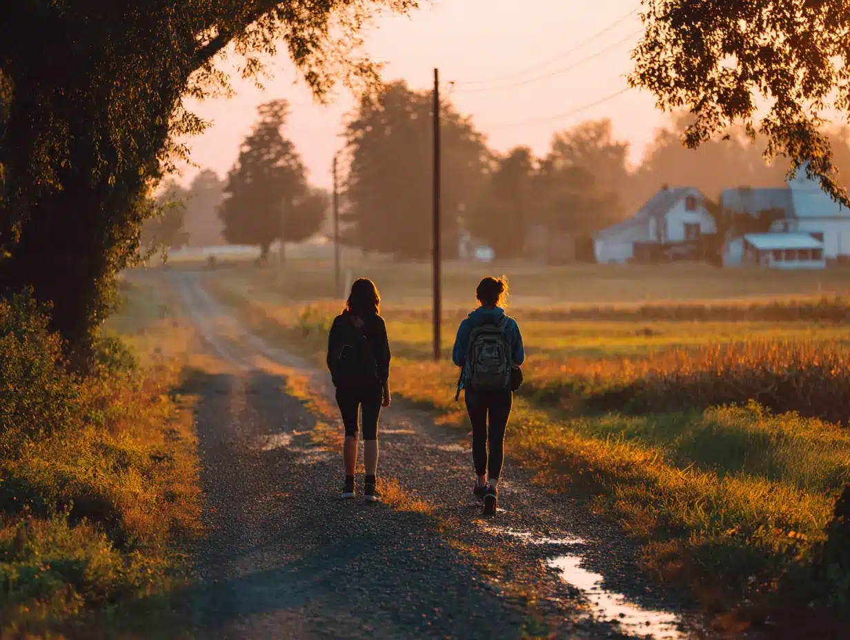 Two adults walk side-by-side along a rural road at sunset, representing the supportive journey of partial hospitalization (PHP).