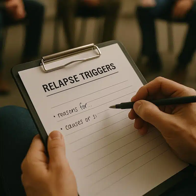 A participant notes relapse triggers on a clipboard, a crucial relapse prevention skill taught in our addiction treatment programs in Missouri.