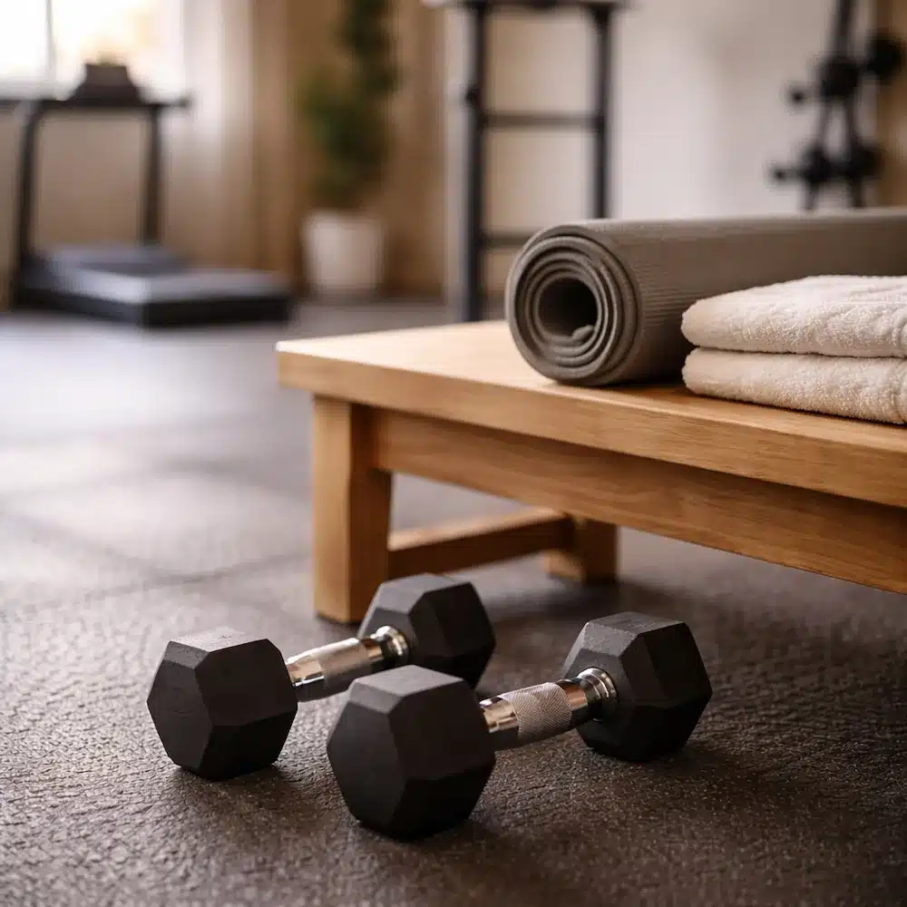 Dumbbells and a yoga mat sit ready for use in the sunlit Batlin Recovery Center gym, designed for physical wellness.