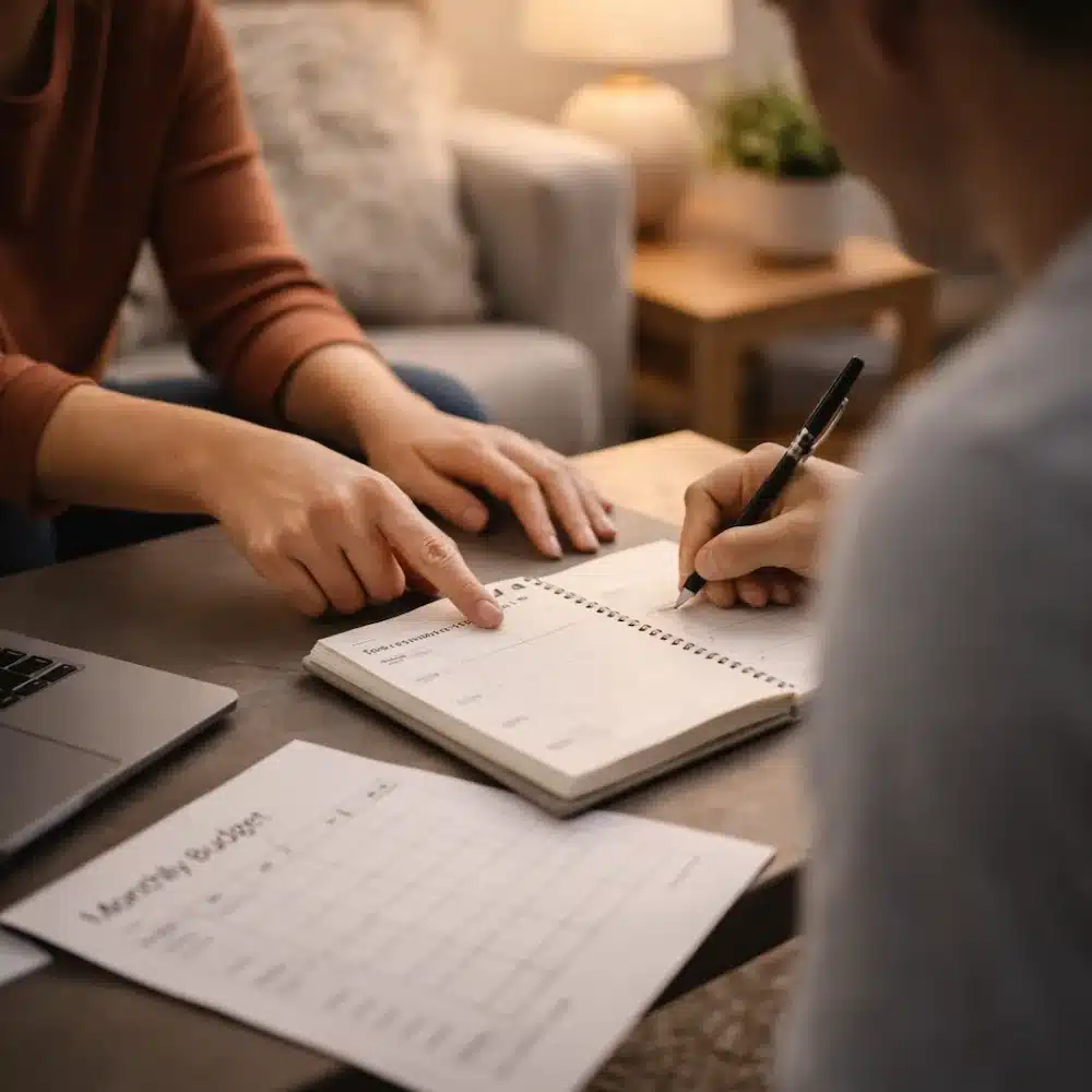 A counselor helps a resident work on a monthly budget sheet during a session focused on life skills development.