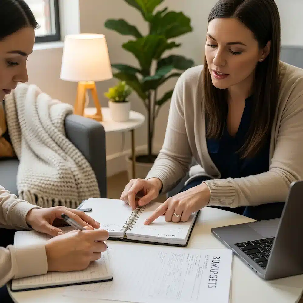 Two women review a planner during a life skills training session, a vital part of our addiction treatment programs in Missouri.