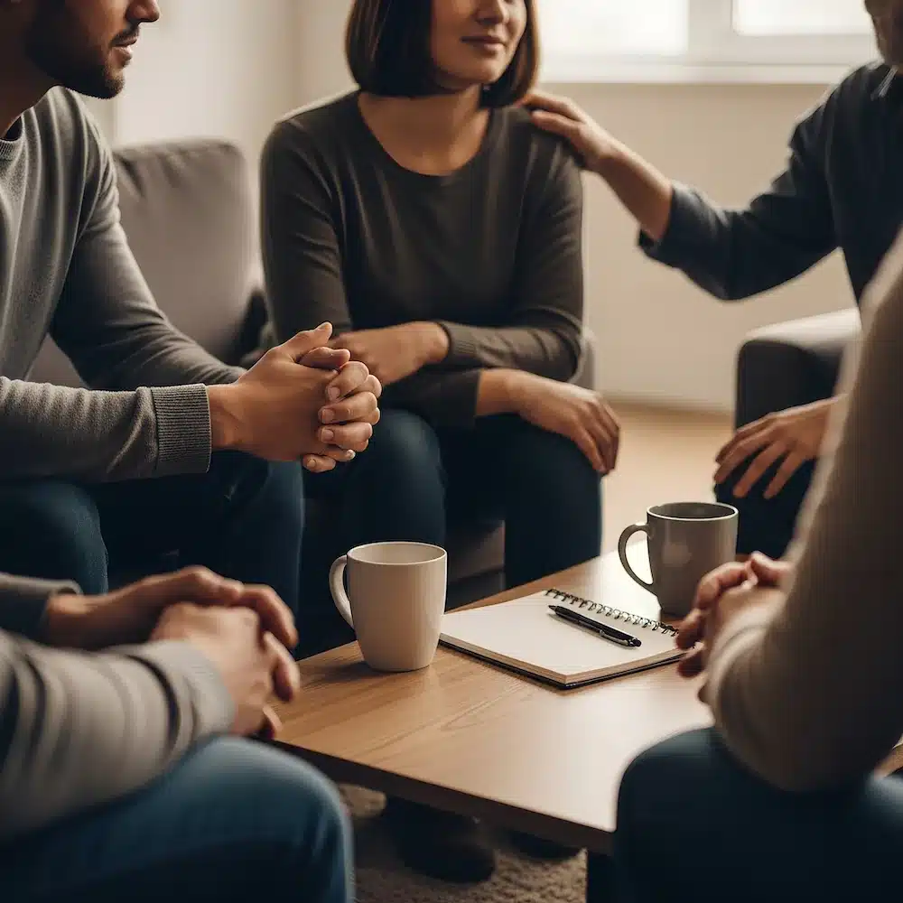 People sit in a circle offering comfort with a hand on a shoulder during a Batlin Recovery Center peer support session.