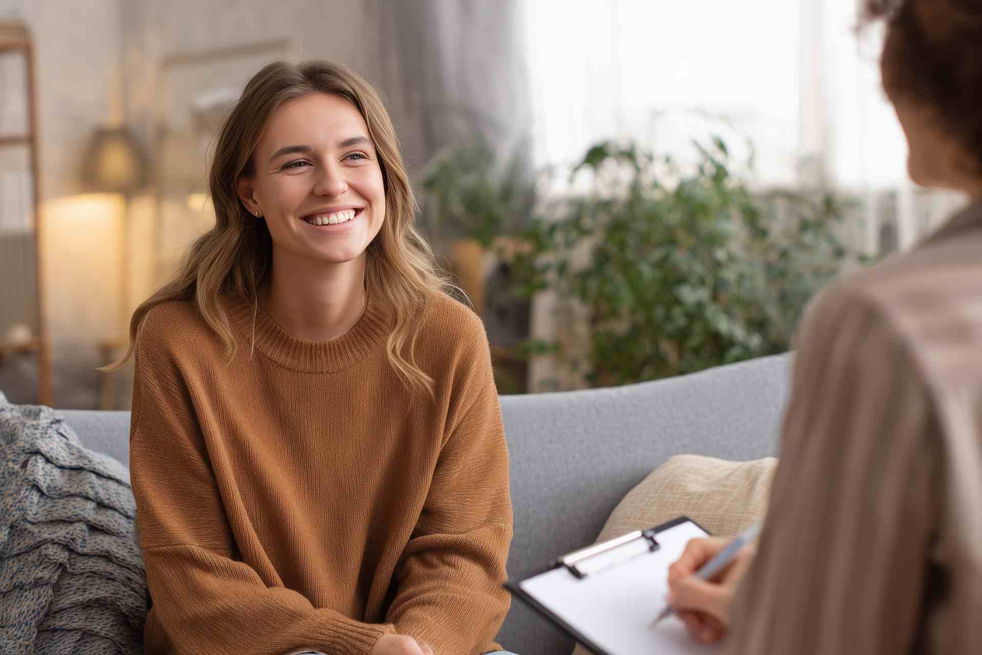 Woman meeting with therapist to discuss insurance coverage for addiction treatment