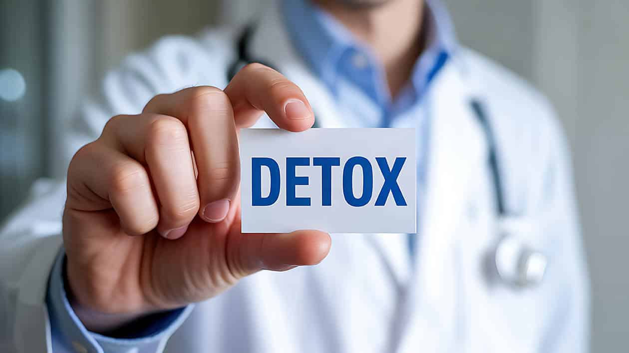 A medical doctor holding up a card that says detox on it.